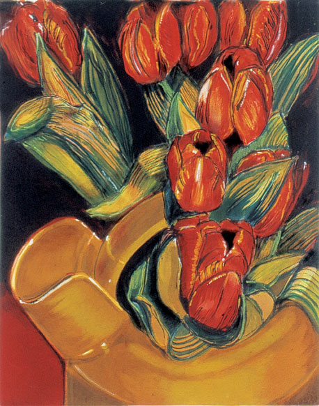 Red Tulips for a Yellow Vessel